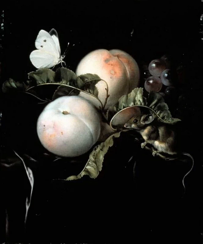 Natura morta con frutta, pesche e farfalla